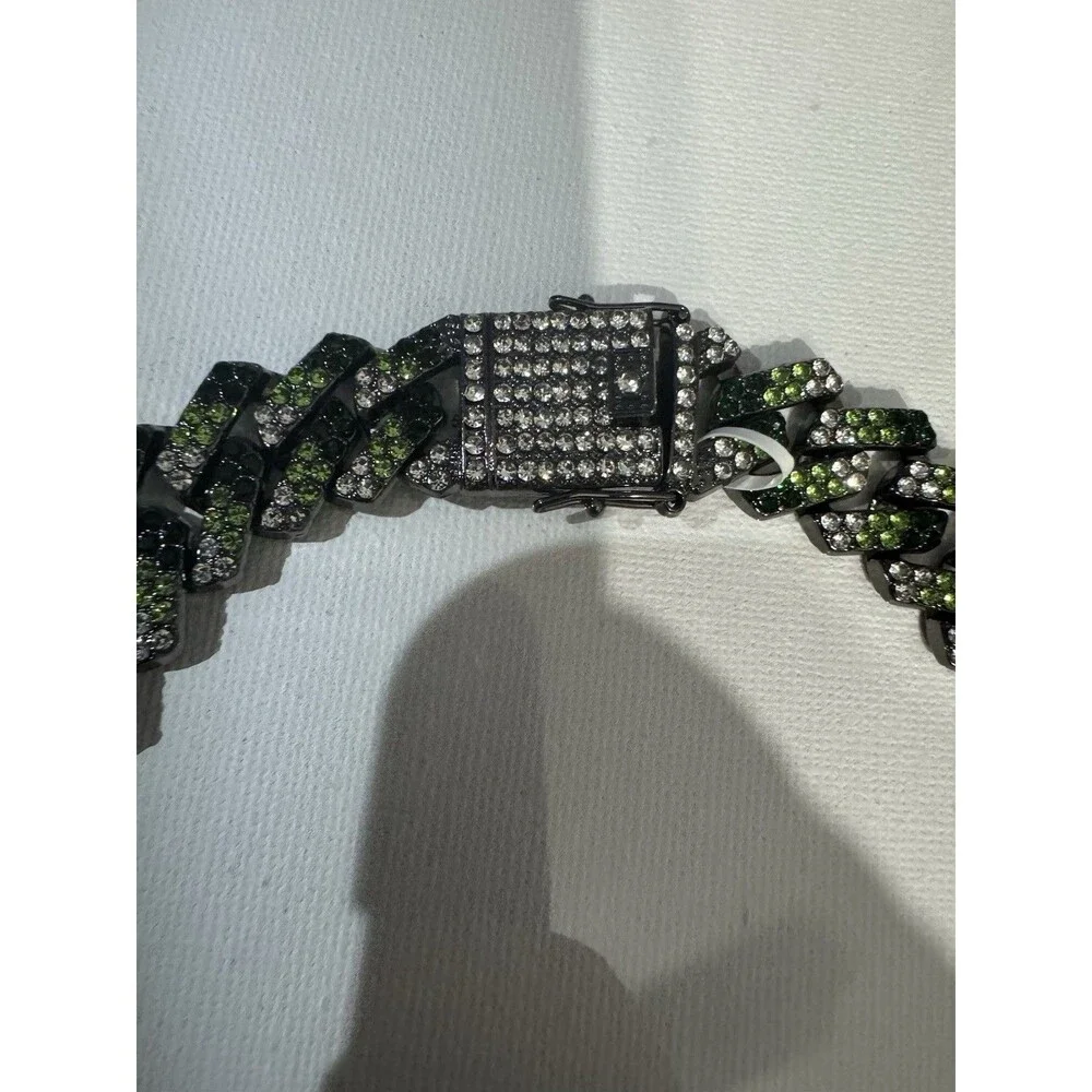 Cuban Link Camo Drip Chain 22” SS Gunmetal/Green/Silver AUS Crystals